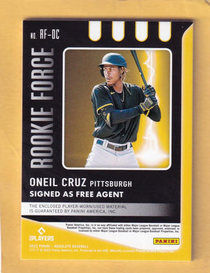 2022 Panini Absolute Rookie Force Materials Oneil Cruz NM-MT+ MEM 56/199 Pittsburgh Pirates Image 2