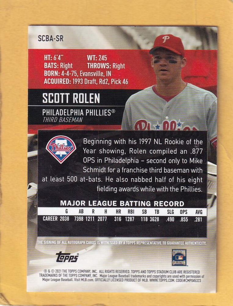 2021 Topps Stadium Club Autographs #SCBA-SR Scott Rolen NM-MT+ Auto Philadelphia Phillies Image 2