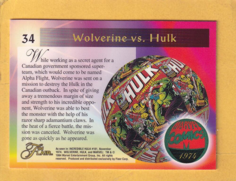 1994 Flair Marvel #34 Wolverine vs Hulk NM-MT+ Image 2