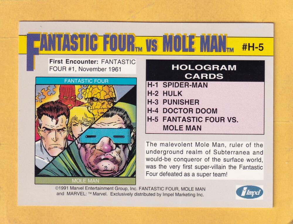 1991 Impel Marvel Universe Holograms #H-5 Fantastic Four vs Mole Man NM-MT+ Image 2