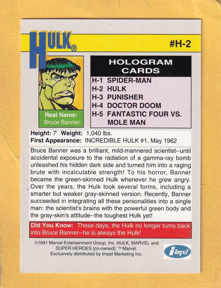 1991 Impel Marvel Universe Holograms #H-2 Hulk NM-MT+ Image 2