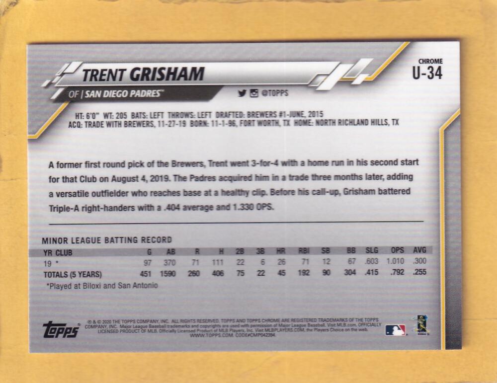 2020 Topps Chrome Update #U-34 Trent Grisham NM-MT+ RC Rookie San Diego Padres Image 2