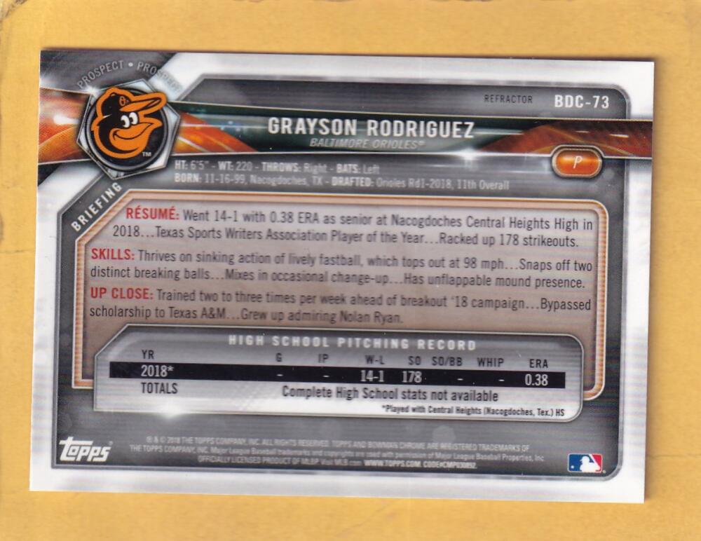 2018 Bowman Draft Chrome Refractors #BDC-73 Grayson Rodriguez NM-MT+ Baltimore Orioles Image 2