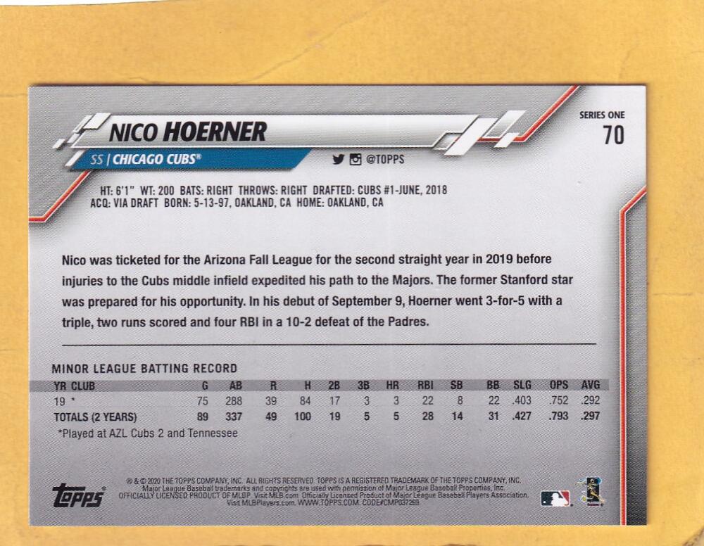 2020 Topps Gold Stars #70 Nico Hoerner RC Rookie NM-MT+ Chicago Cubs Image 2