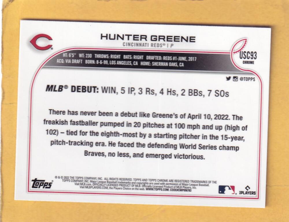 2022 Topps Chrome Update Refractor Purple #USC93 Hunter Greene NM-MT+ RC Rookie Cincinnati Reds Image 2