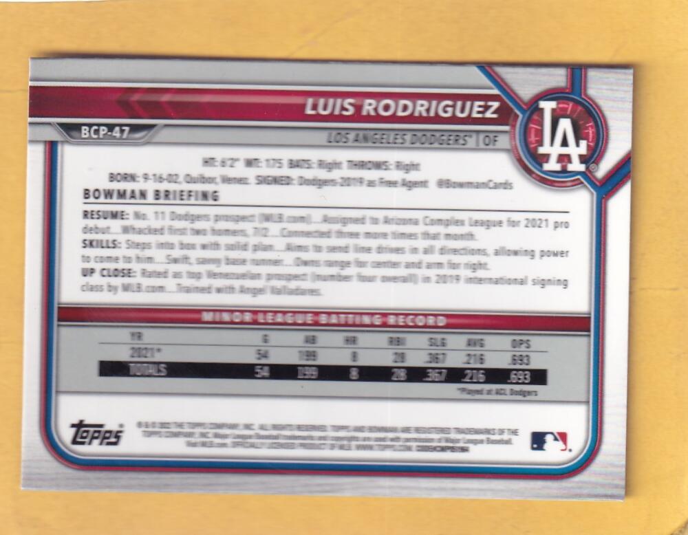 2022 Bowman Chrome Prospects Sapphire Edition #BCP-47 Luis Rodriguez NM-MT+ Los Angeles Dodgers Image 2