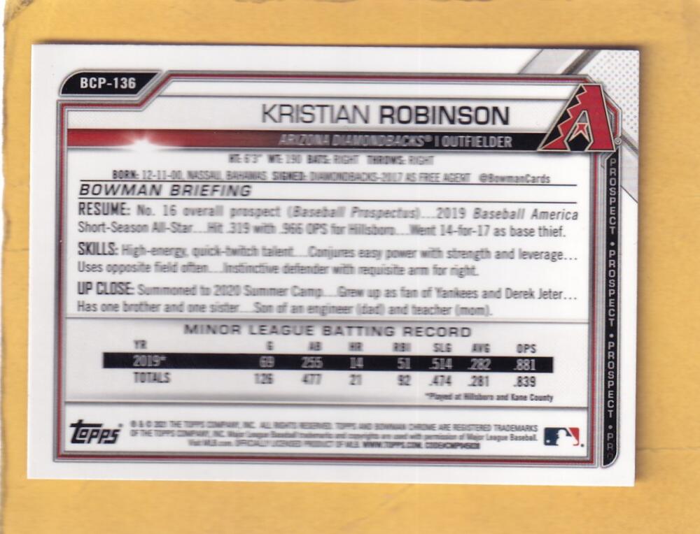 2021 Bowman Sapphire Chrome Prospects #BCP-136 Kristian Robinson NM-MT+ Arizona Diamondbacks Image 2