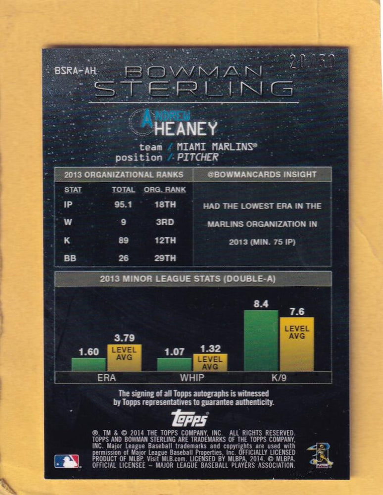 2014 Bowman Sterling Rookie Autographs Purple Refractor #BSRA-AH Andrew Heaney NM-MT+ RC Rookie Auto 20/50 Miami Marlins Image 2
