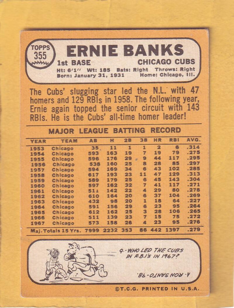 1968 Topps #355 Ernie Banks VG Very Good Chicago Cubs #30325 Image 2