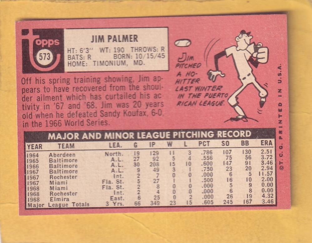 1969 Topps #573 Jim Palmer EX Excellent Baltimore Orioles #30326 Image 2