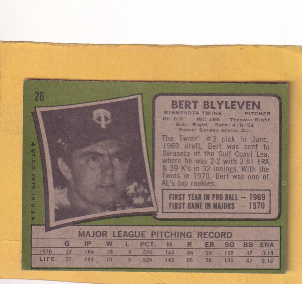 1971 Topps #26 Bert Blyleven VG/EX Very Good/Excellent RC Rookie Minnesota Twins #30328 Image 2