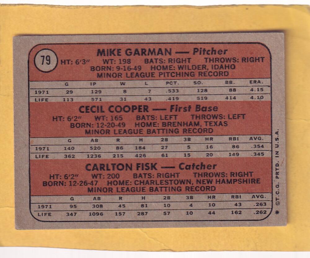 1972 Topps #79 Mike Garman/Cecil Cooper/Carlton Fisk Red Sox Rookies VG+ Very Good Plus RC Rookie Boston Red Sox #30329 Image 2