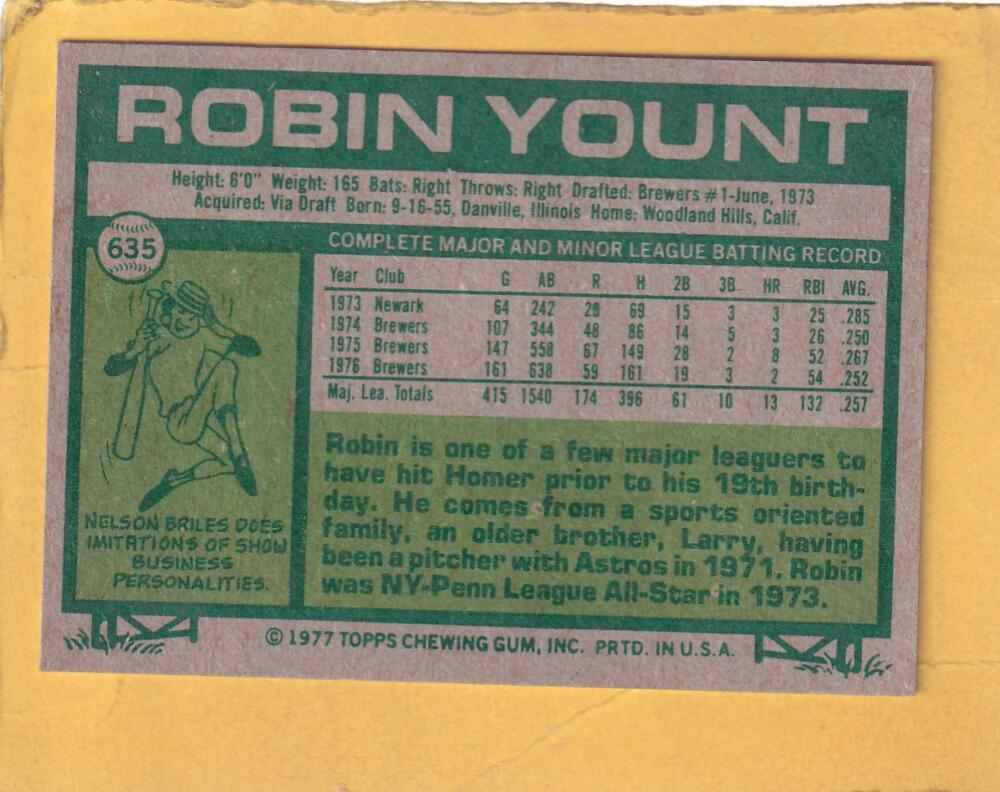 1977 Topps #635 Robin Yount NM Near Mint Milwaukee Brewers #30337 Image 2