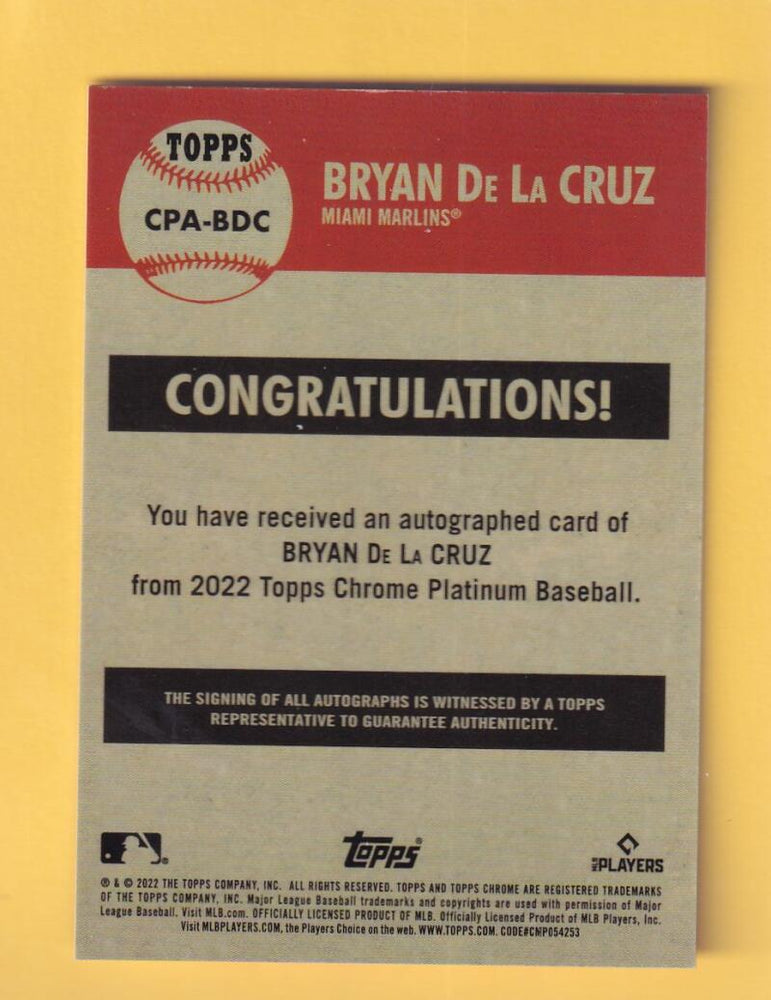 2022 Topps Chrome Platinum Anniversary Autograph #CPA-BDC Bryan De La Cruz NM-MT+ Auto Miami Marlins RC Image 2