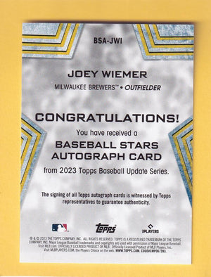 2023 Topps Update Series Baseball Stars Autographs #BSA-JWI Joey Wiemer NM-MT+ Auto Milwaukee Brewers Image 2