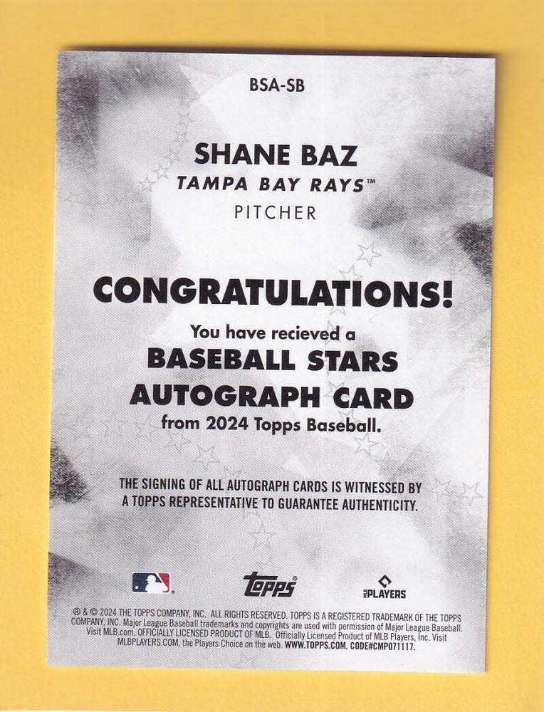 2024 Topps Baseball Stars Autographs #BSA-SB Shane Baz NM-MT+ Auto Tampa Bay Rays Image 2