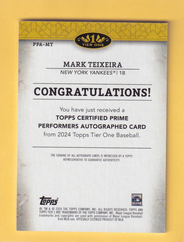 2024 Topps Tier One Prime Performers Autographs #PPA-MT Mark Teixeira NM-MT+ Auto 181/199 New York Yankees  Image 2