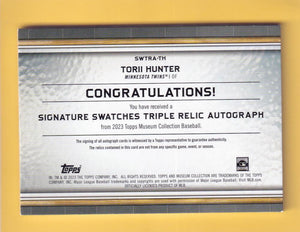 2023 Topps Museum Collection Single-Player Signature Swatches Triple Relic Autographs Torii Hunter Twins NM-MT+ 155/399 Image 2