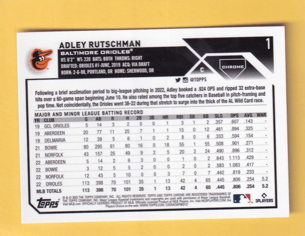 2023 Topps Chrome Refractor Sepia #1 Adley Rutschman NM-MT+ RC Rookie Baltimore Orioles Image 2