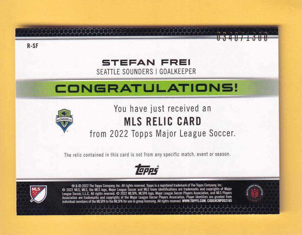 2022 Topps MLS Relics #R-SF Stefan Frei NM-MT MEM Seattle Sounders 340/1300 Image 2