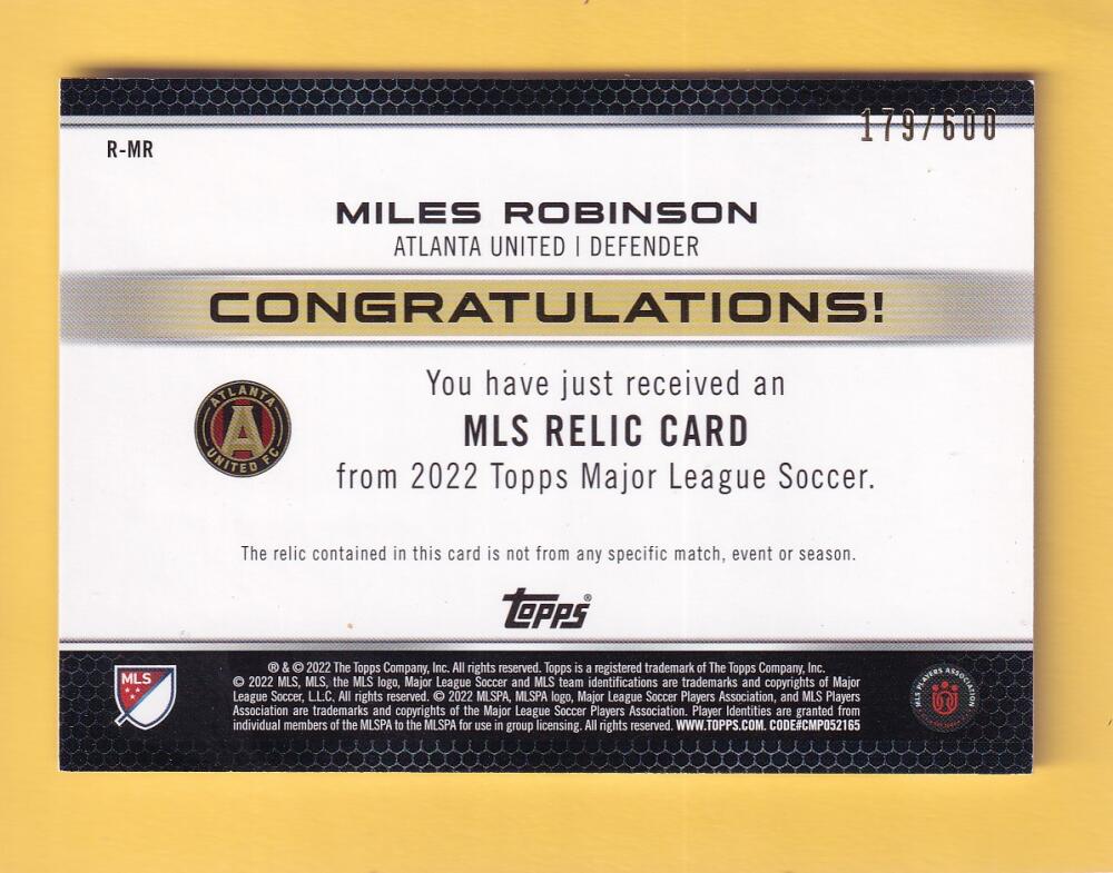 2022 Topps MLS Relics #R-MR Miles Robinson NM-MT MEM Atlanta United 179/600 Image 2