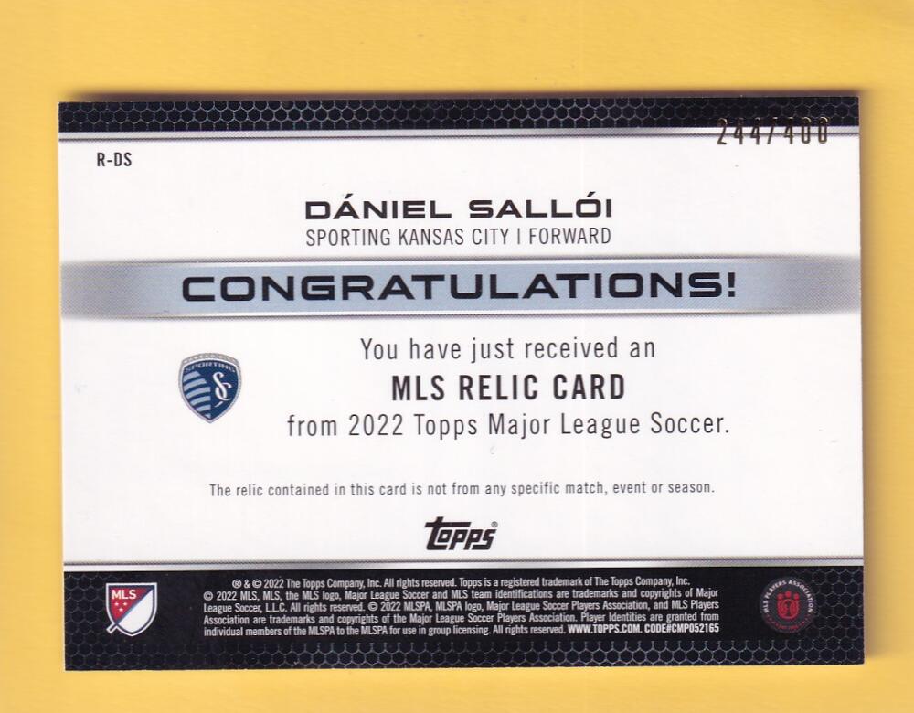 2022 Topps MLS Relics #R-DS Daniel Salloi NM-MT MEM Sporting Kansas City 244/400 Image 2