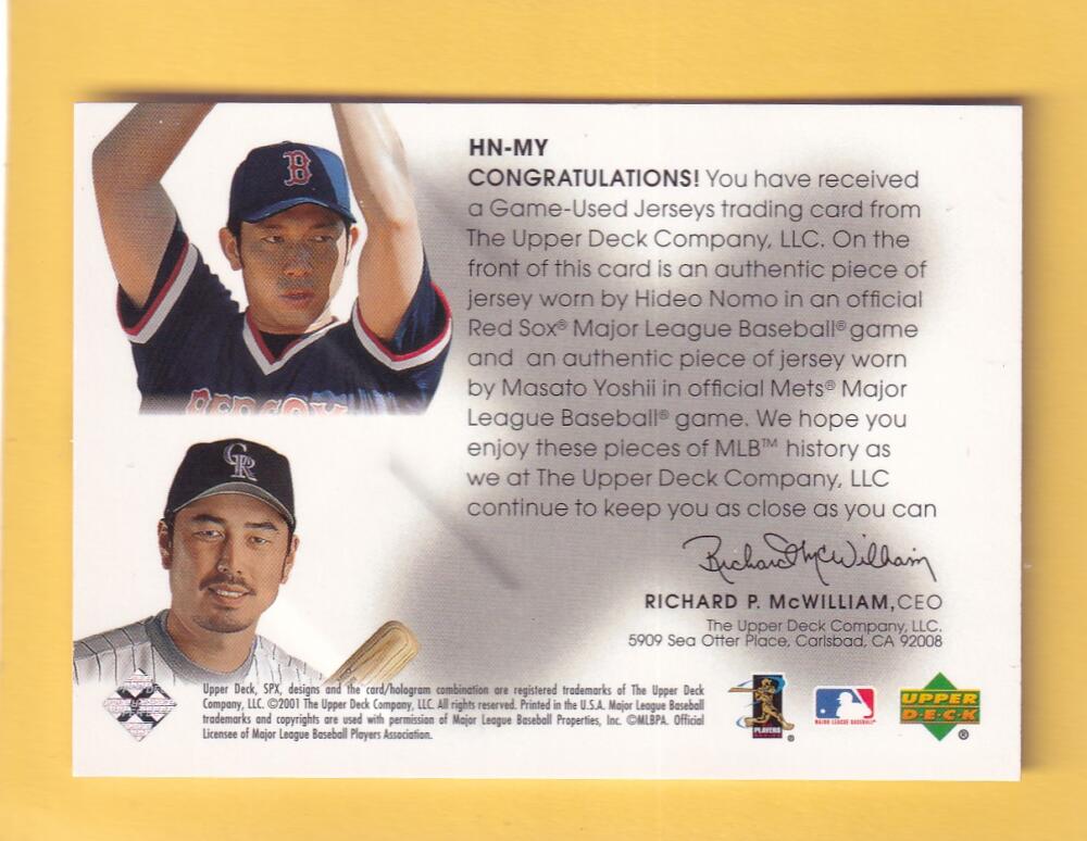 2001 SPx Winning Materials Update Duos #HNMY Hideo Nomo/Masato Yoshii NM-MT+ MEM Image 2