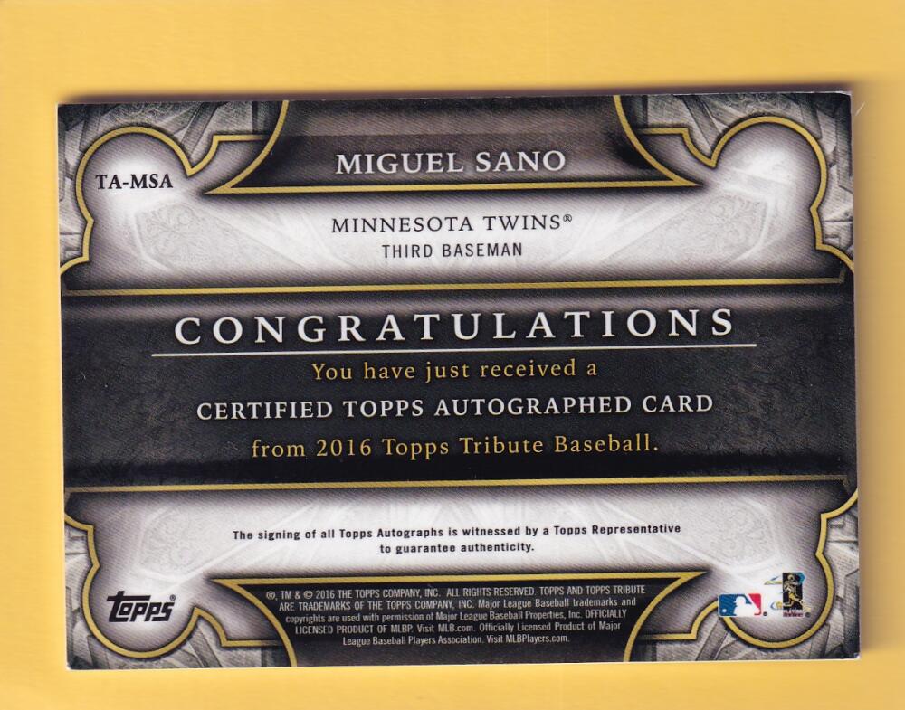 2016 Topps Tribute Autographs Green #TA-MSA Miguel Sano NM-MT+ Auto 99/99 Minnesota Twins Image 2