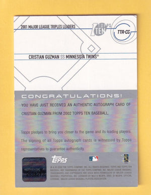 2002 Topps Ten Autographs #TTACG Cristian Guzman NM-MT+ Auto Minnesota Twins Image 2