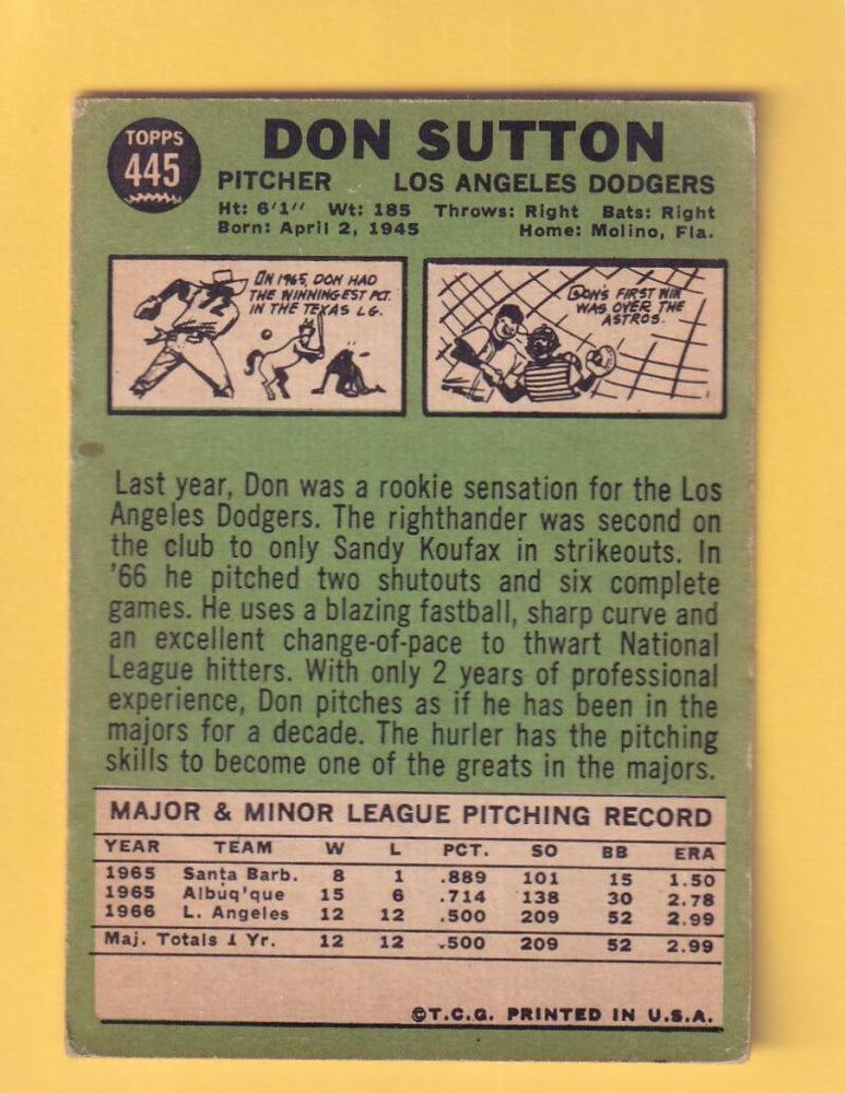 1967 Topps #445 Don Sutton VG/EX Very Good/Excellent Los Angeles Dodgers #30488 Image 2