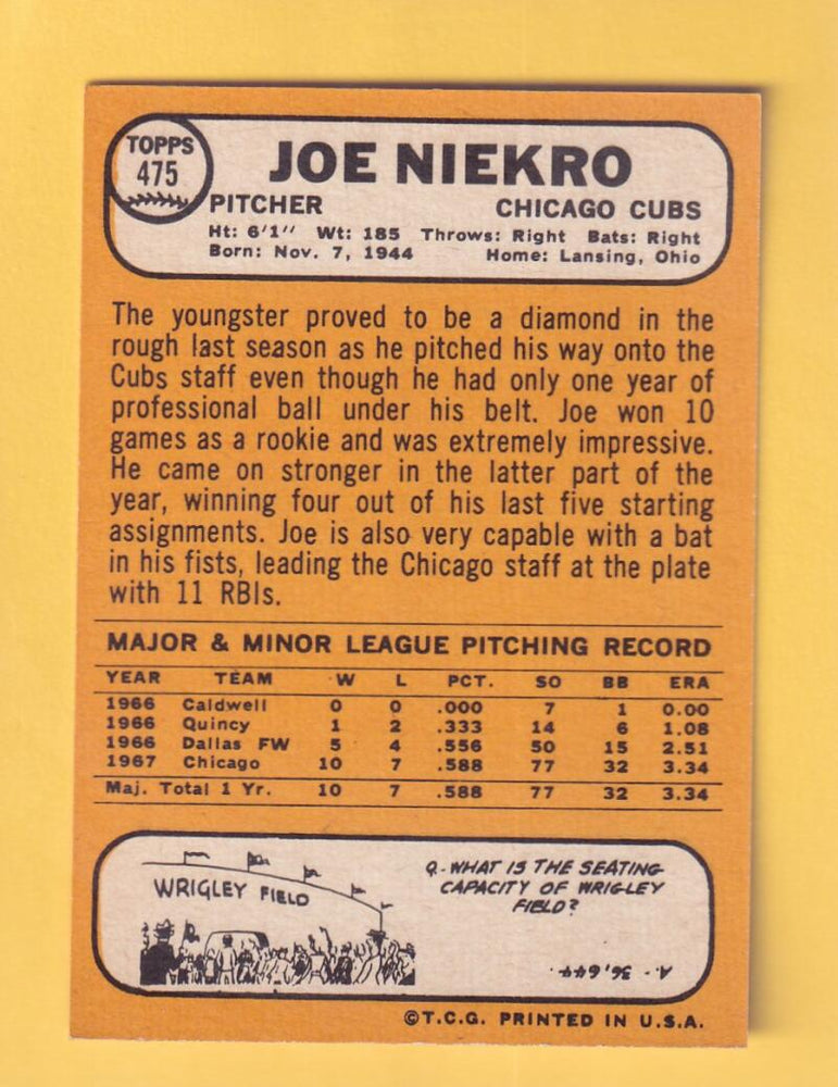 1968 Topps #475 Joe Niekro NM Near Mint Chicago Cubs #30490 Image 2