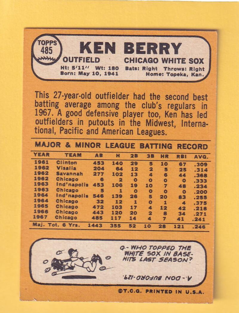 1968 Topps #485 Ken Berry NM Near Mint Chicago White Sox #30491 Image 2