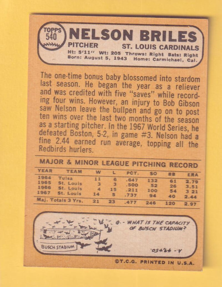 1968 Topps #540 Nelson Briles NM-MT St. Louis Cardinals #30493 Image 2