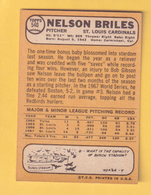 1968 Topps #540 Nelson Briles NM-MT St. Louis Cardinals #30493 Image 2