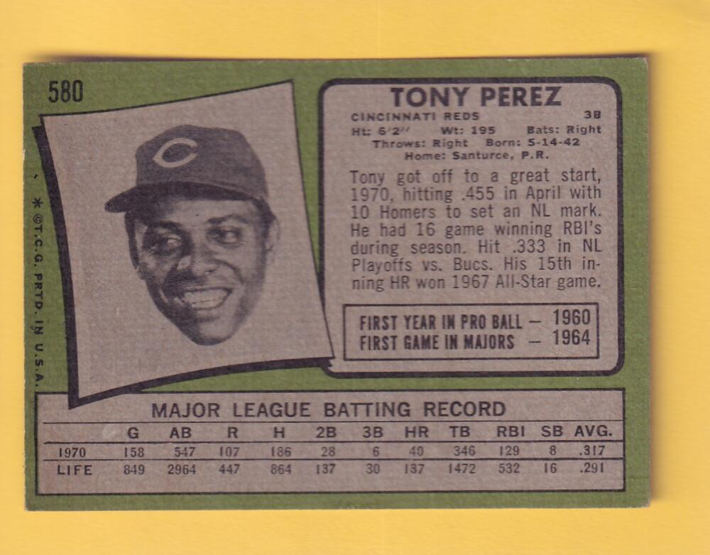 1971 Topps #580 Tony Perez VG/EX Very Good/Excellent Cincinnati Reds #30494 Image 2