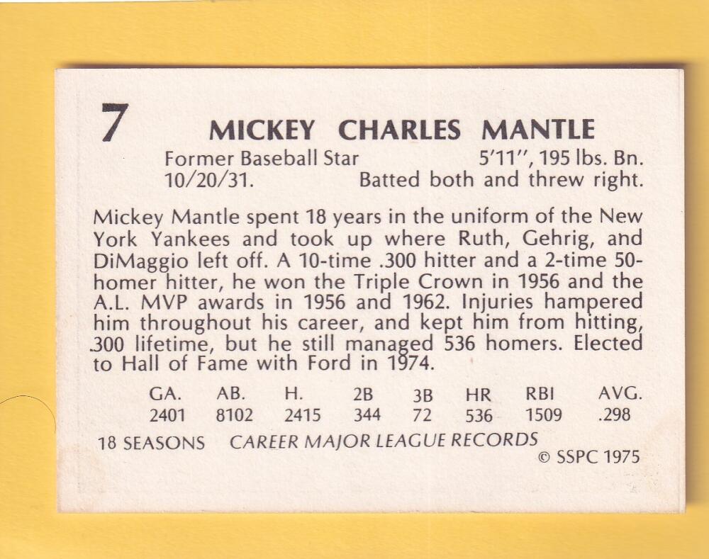 1975 SSPC Samples #NNO Mickey Mantle NM Near Mint New York Yankees #30495 Image 2