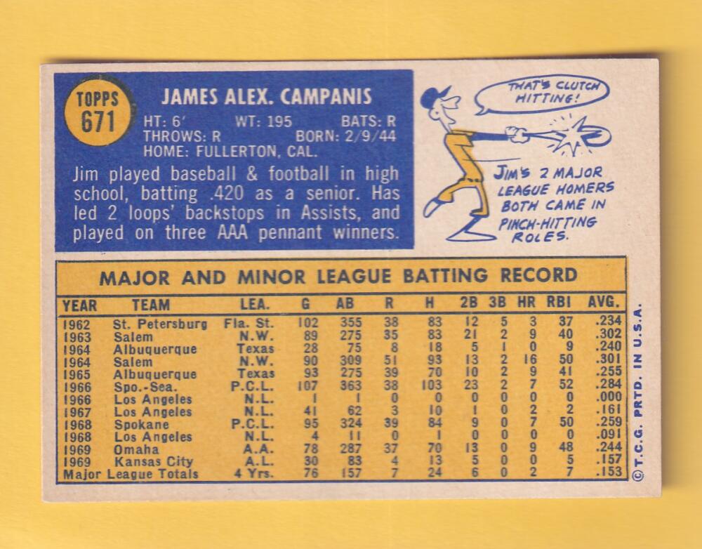 1970 Topps #671 Jim Campanis EX/NM Kansas City Royals #30506 Image 2