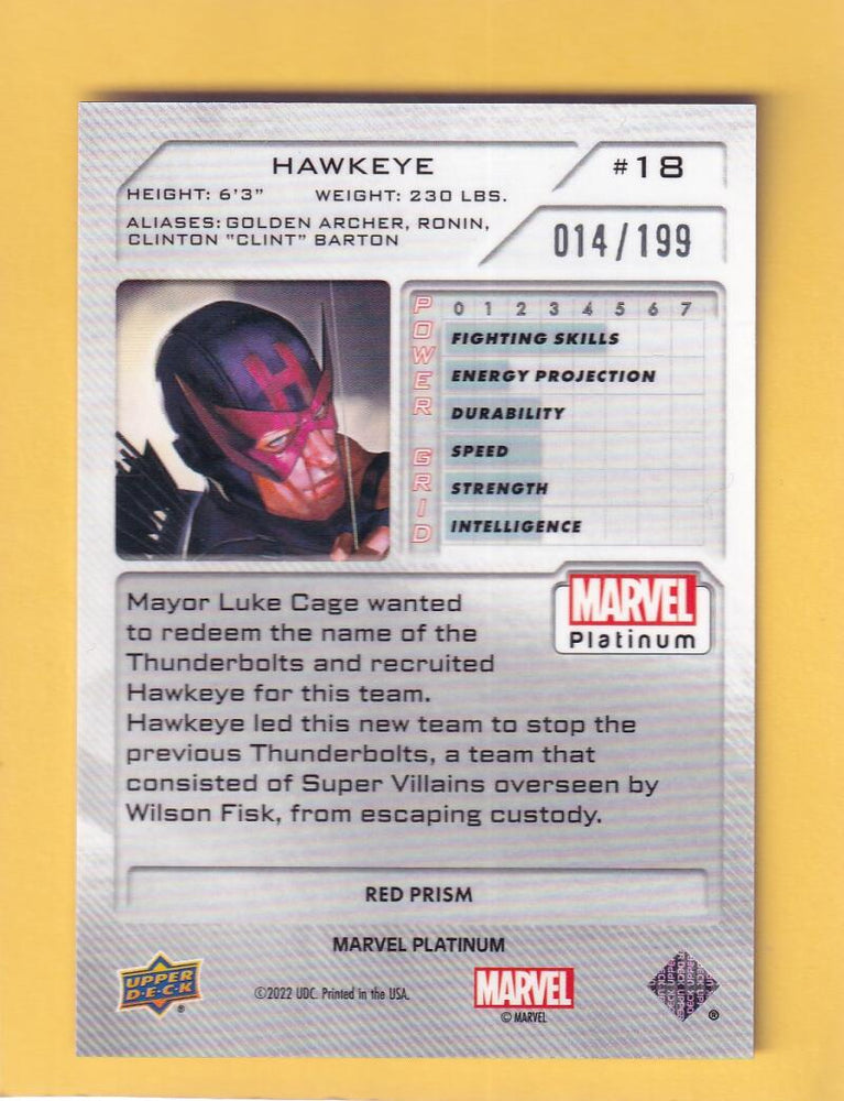 2024 Upper Deck Marvel Platinum Red Prism #18 Hawkeye NM-MT+ 14/199  Image 2