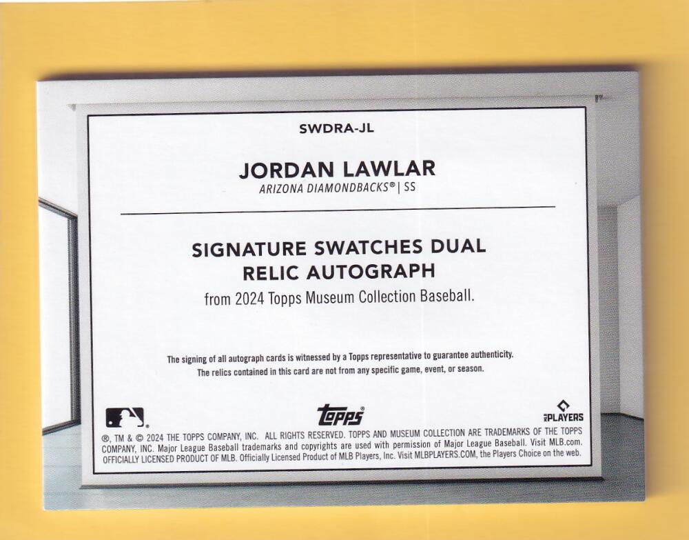 2024 Topps Museum Collection Signature Swatches Dual Relic Autographs #SWDRA-JL Jordan Lawlar NM-MT+ RC Rookie MEM Auto 151/299 Arizona Diamondbacks  Image 2