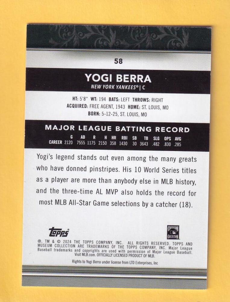 2024 Topps Museum Collection Gold #58 Yogi Berra NM-MT+ 8/199 Jersey Number New York Yankees  Image 2