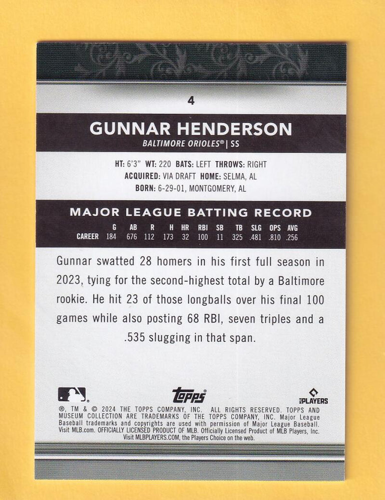 2024 Topps Museum Collection Copper #4 Gunnar Henderson NM-MT+ Baltimore Orioles  Image 2