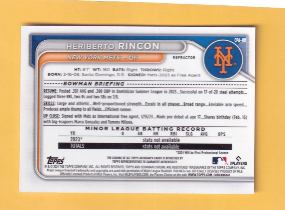 2024 Bowman Chrome Prospect Autographs Refractors 1st Bowman #CPA-HR Heriberto Rincon NM-MT+ Auto 141/499 New York Mets  Image 2