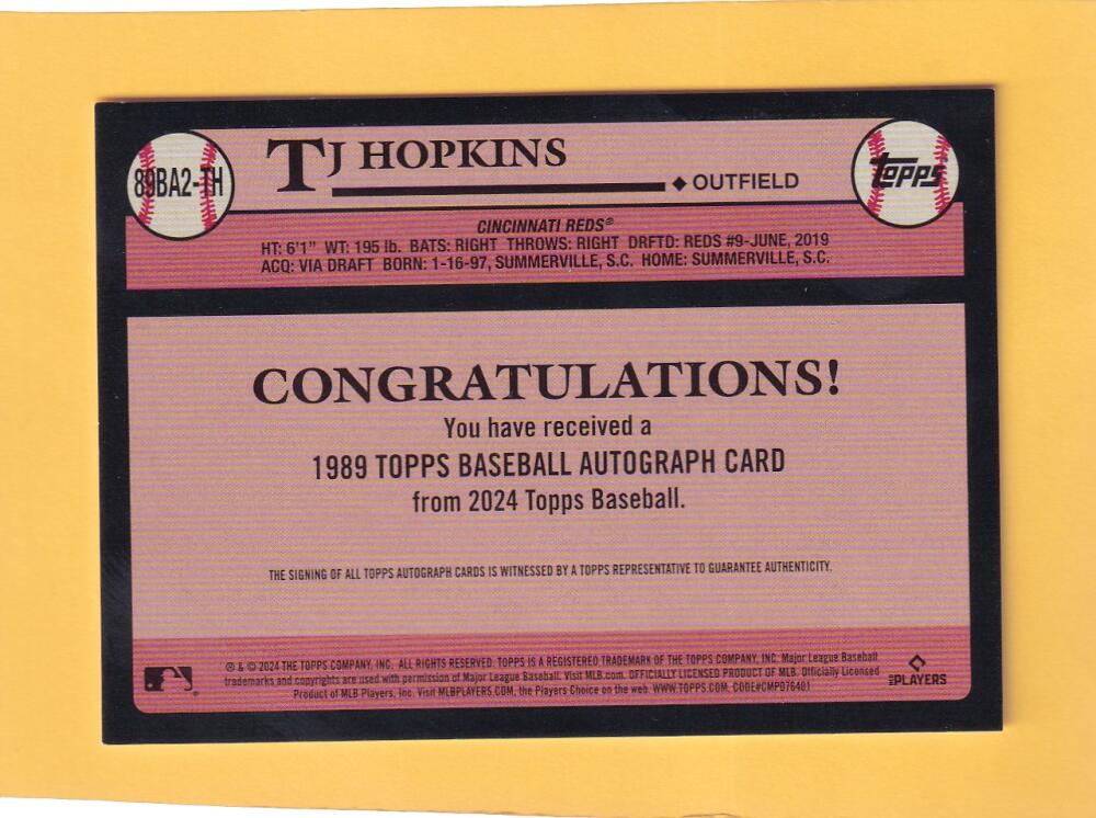 2024 Topps Update '89 Topps Autographs #89BA2-TH TJ Hopkins NM-MT+ RC Rookie Auto Cincinnati Reds  Image 2