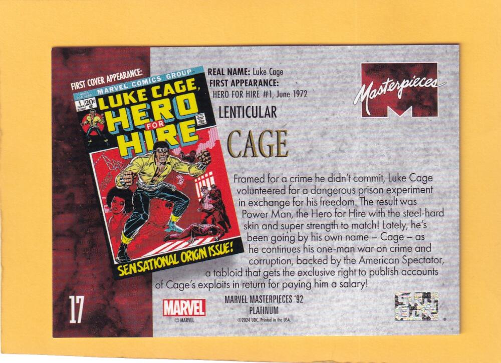2024 Skybox Marvel Masterpieces '92 Platinum Lenticular #17 Cage NM-MT+  Image 2