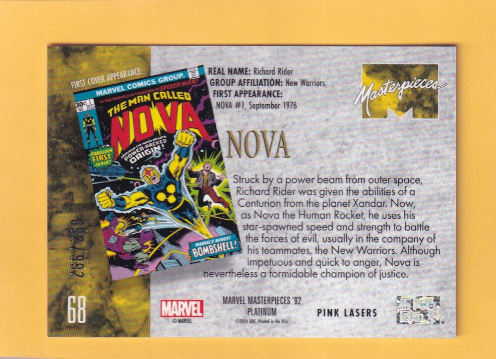2024 Marvel Masterpieces '92 Platinum Pink Lasers #68 Nova NM-MT+ 692/992  Image 2