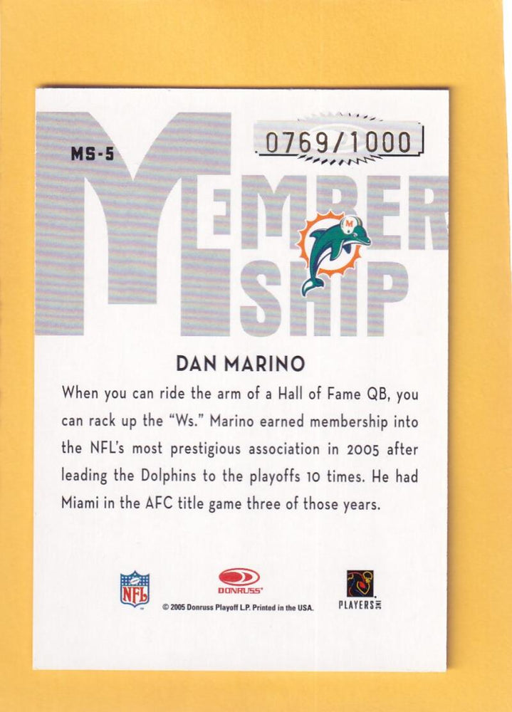 2005 Donruss Classics Membership Bronze #MS5 Dan Marino NM-MT 769/1000 Miami Dolphins Image 2