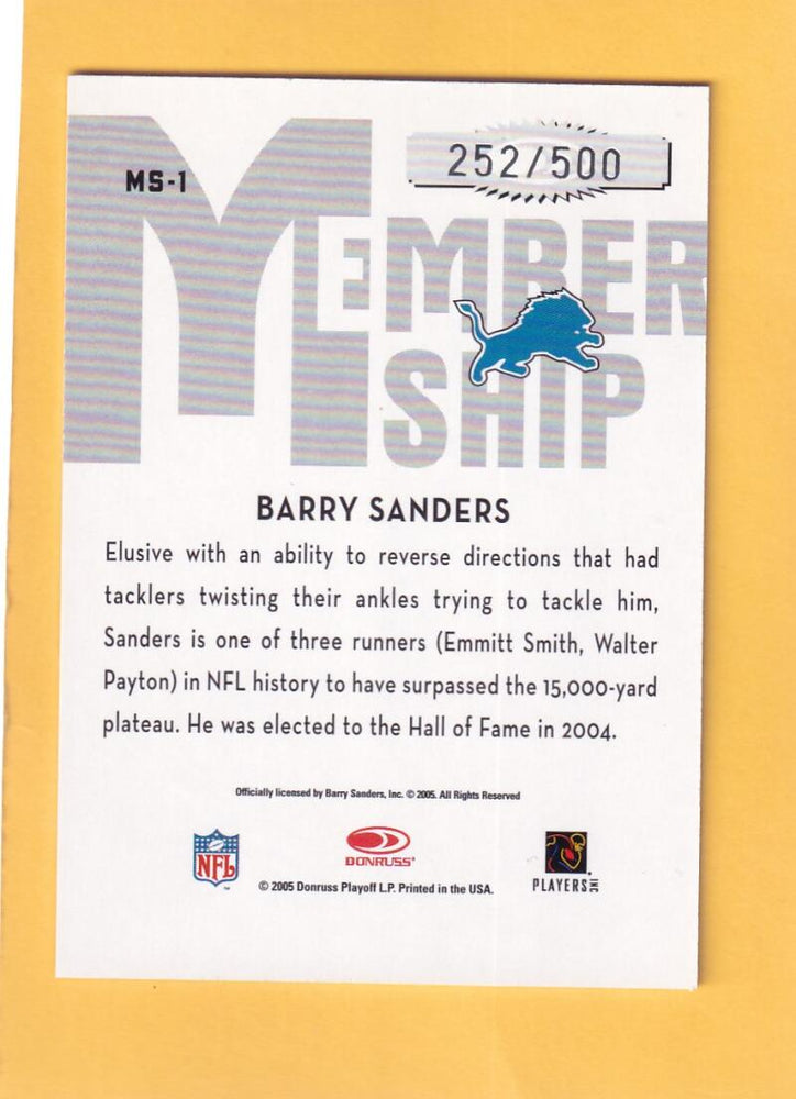 2005 Donruss Classics Membership Silver #MS-1 Barry Sanders NM-MT 252/500 Detroit Lions Image 2