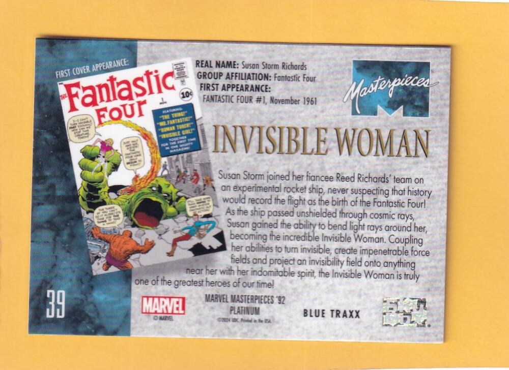 2024 SkyBox Marvel Masterpieces '92 Platinum Blue Traxx #39 Invisible Woman NM-MT+  Image 2