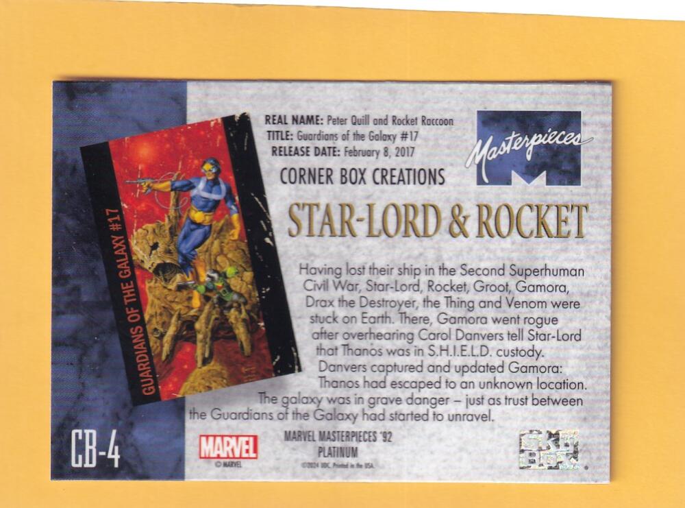 2024 SkyBox Marvel Masterpieces '92 Platinum Corner Box Creations #CB-4 Star-Lord & Rocket NM-MT+  Image 2