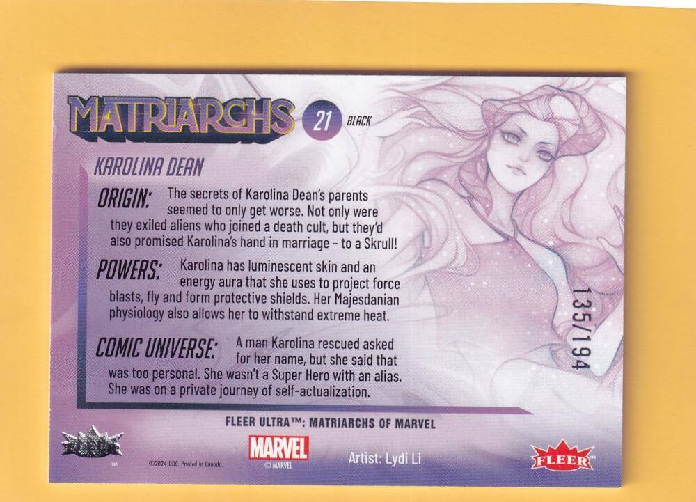 2024 Fleer Ultra Marvel Matriarchs Black Foil #21 Karolina Dean NM-MT+ 135/194  Image 2